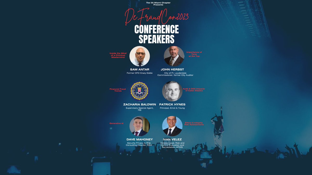 IIAMiami's tweet photo. We are thrilled to share our speaker lineup for #DeFraudCon2023 on December 1st at FIU Kovens Center. Register today at:  https://t.co/UJKuGZqrA1
#criminalmastermind #crazyeddie #whatcanhappenwhenyoudotherightthing #generativeAI #financialfraudtrends #cyberattacks #ethicscpe https://t.co/cp9ADLyIqy