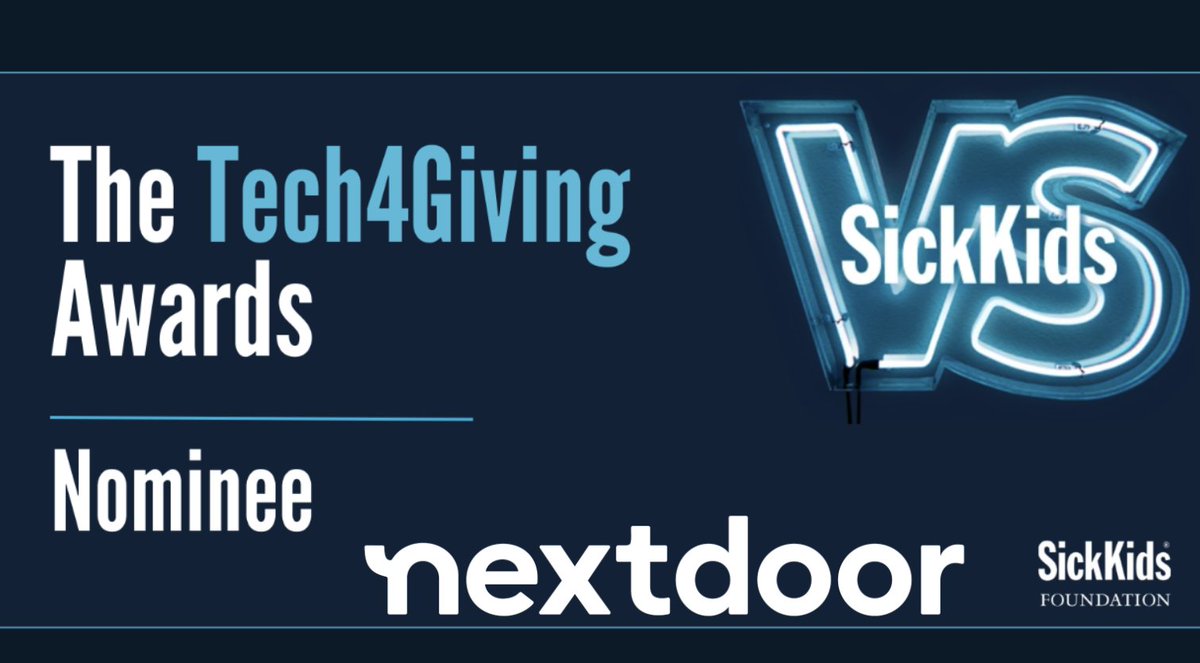 Thrilled to announce @NextdoorCanada has been nominated for a Tech4Giving award supporting @sickkids as ‘Most Philanthropic Enterprise’. We at @Nextdoor care about neighbours work with socially responsible partners & help local businesses thrive. Thanks @TalkShopMedia for nod!