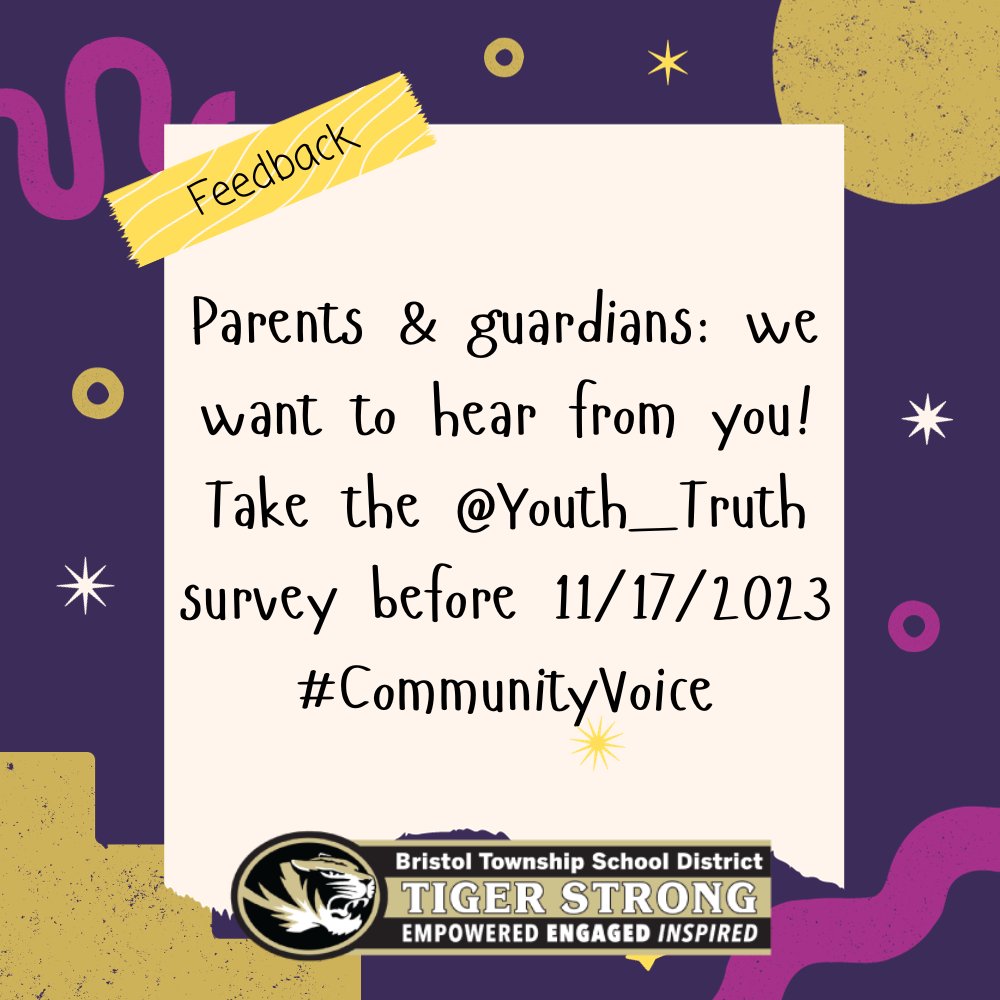 Bristol Township School District (@bristoltwpsd) on Twitter photo Please take the time to complete this <a href="/youth_truth/">YouthTruth</a> survey and share your feedback: ytsurvey.org/bristolfamily23 #btsdtigers #communityvoice Please take the time to complete this <a href="/youth_truth/">YouthTruth</a> survey and share your feedback: ytsurvey.org/bristolfamily23 #btsdtigers #communityvoice