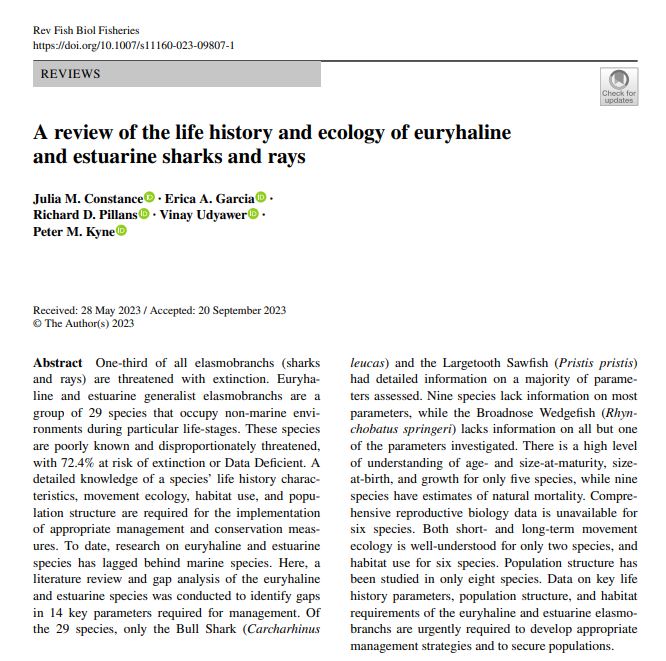🚨 𝗡𝗘𝗪 𝗣𝗔𝗣𝗘𝗥 🚨

Out earlier this year in Reviews in Fish Biology and Fisheries - a new review on euryhaline &amp; estuarine #elasmobranchs 👇 
 
"A review of the life history and ecology of euryhaline and estuarine sharks and rays"

Full paper here ➡️ doi.org/10.1007/s11160…