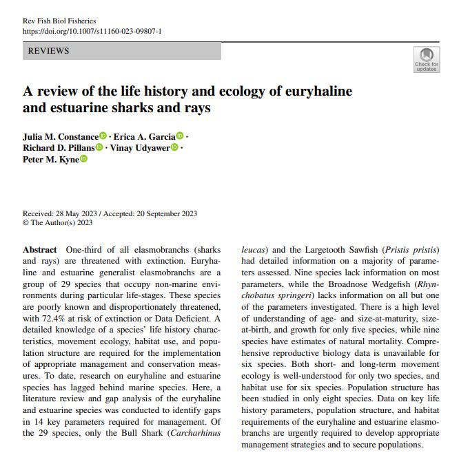 🚨 𝗡𝗘𝗪 𝗣𝗔𝗣𝗘𝗥 🚨

Out earlier this year in Reviews in Fish Biology and Fisheries - a new review on euryhaline & estuarine #elasmobranchs 👇 
 
'A review of the life history and ecology of euryhaline and estuarine sharks and rays'

Full paper here ➡️ doi.org/10.1007/s11160…