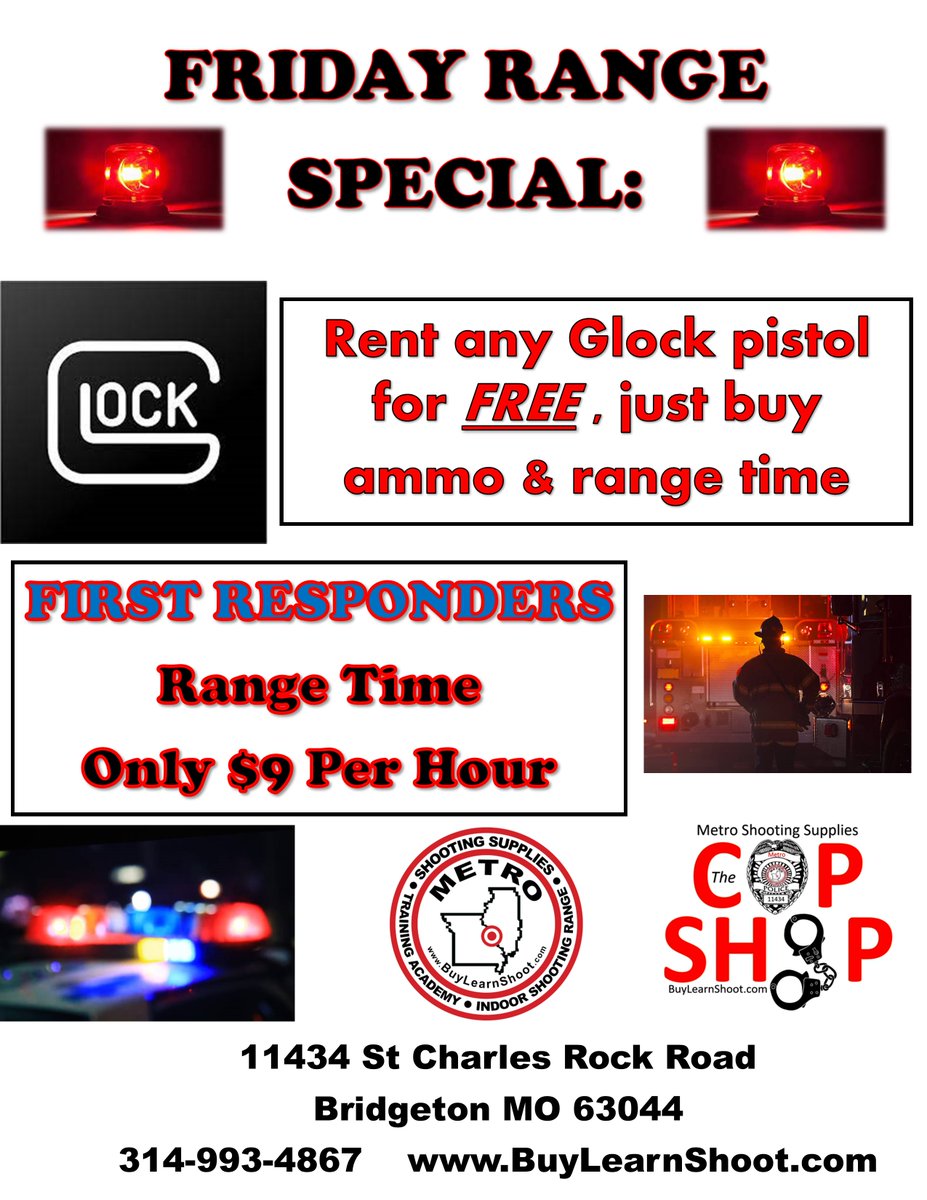 FRIDAY RANGE SPECIAL! FREE GLOCK RENTALS!
All First Responders - $9 1 Hr Range Time!
#glock #glockperfection #2a #cops #copslivesmatter #police #firefighters #firstresponders #army #navy #navyseals #marines #airforce #coastguard #securityguard #CorrectionsOfficer #shootingrange