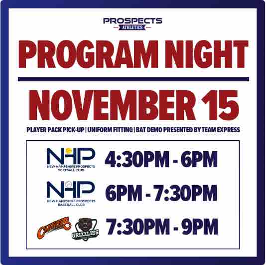 Prospects Athletics will be holding our program night on November 15th at the Sports Mill. In addition to player pack pick-up &amp; uniform fitting, Baseball Express will also be holding a bat demo featuring the best bats in the game. Join us as we kickoff the 2023 - 2024 season!