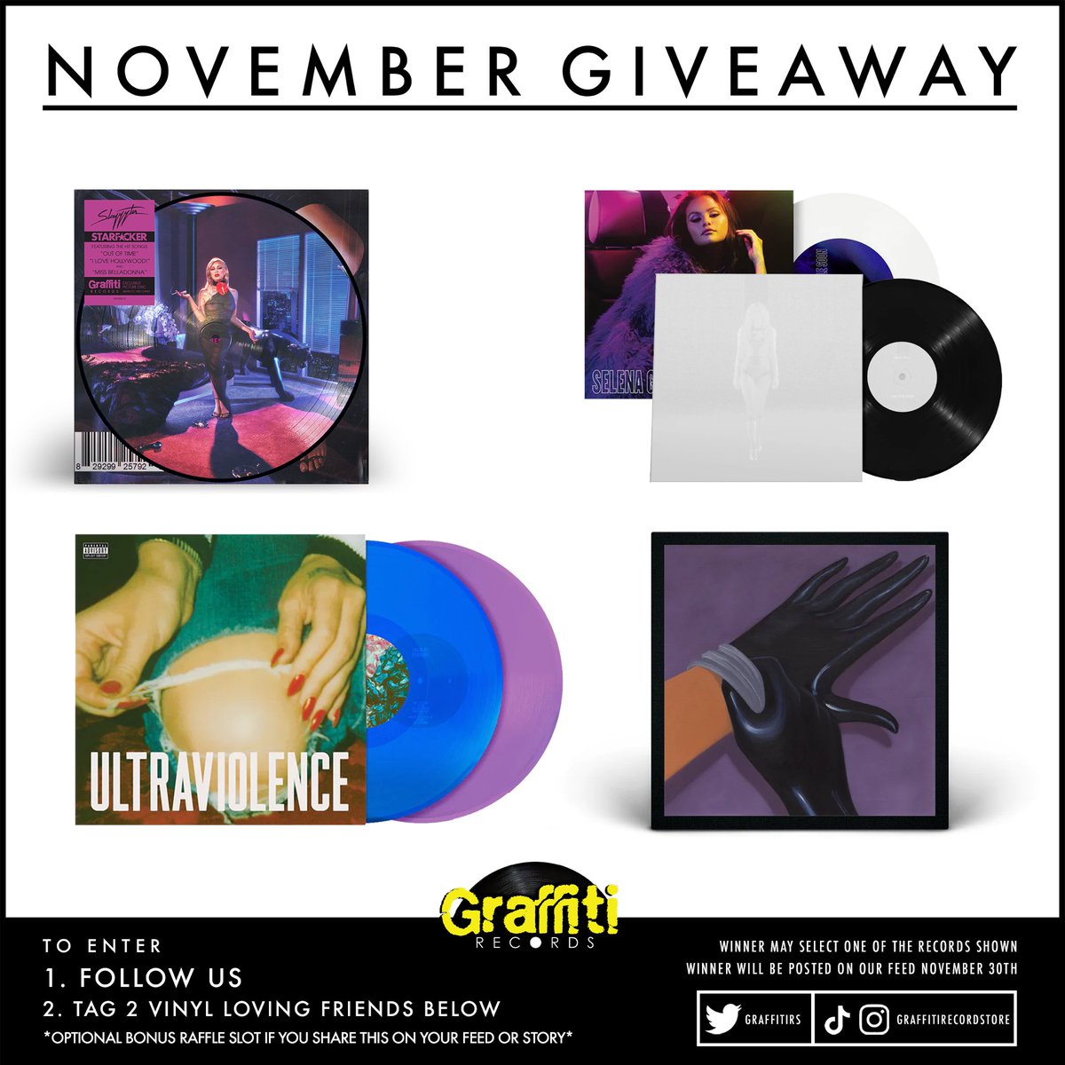 GraffitiRS's tweet photo. NOVEMBER GIVEAWAY

To enter the giveaway:
1. Follow us
2. Mention 2 vinyl loving friends in the comments
3. Optional bonus raffle slot if you QT or RT this

Winner will be posted on our feed on NOVEMBER 30TH https://t.co/atPfOsCUsr