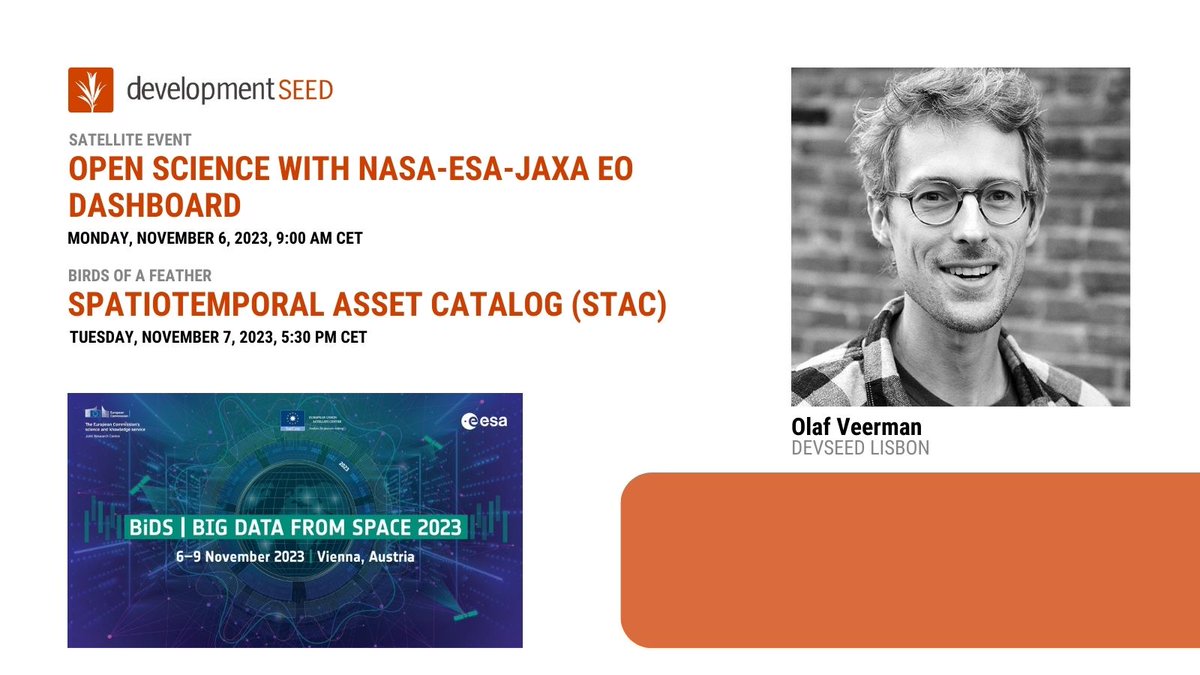 developmentseed's tweet photo. We're excited to have @oBirdman attend #BiDS23 next week. 

Find him with our NASA/ESA/JAXA partners on Monday, helping with a workshop satellite event. 

There's still time to join the Birds of a Feather for STAC. You can sign up here: https://t.co/yubeuhCGqP

@EO_OPEN_SCIENCE https://t.co/mypRKZ3Mip