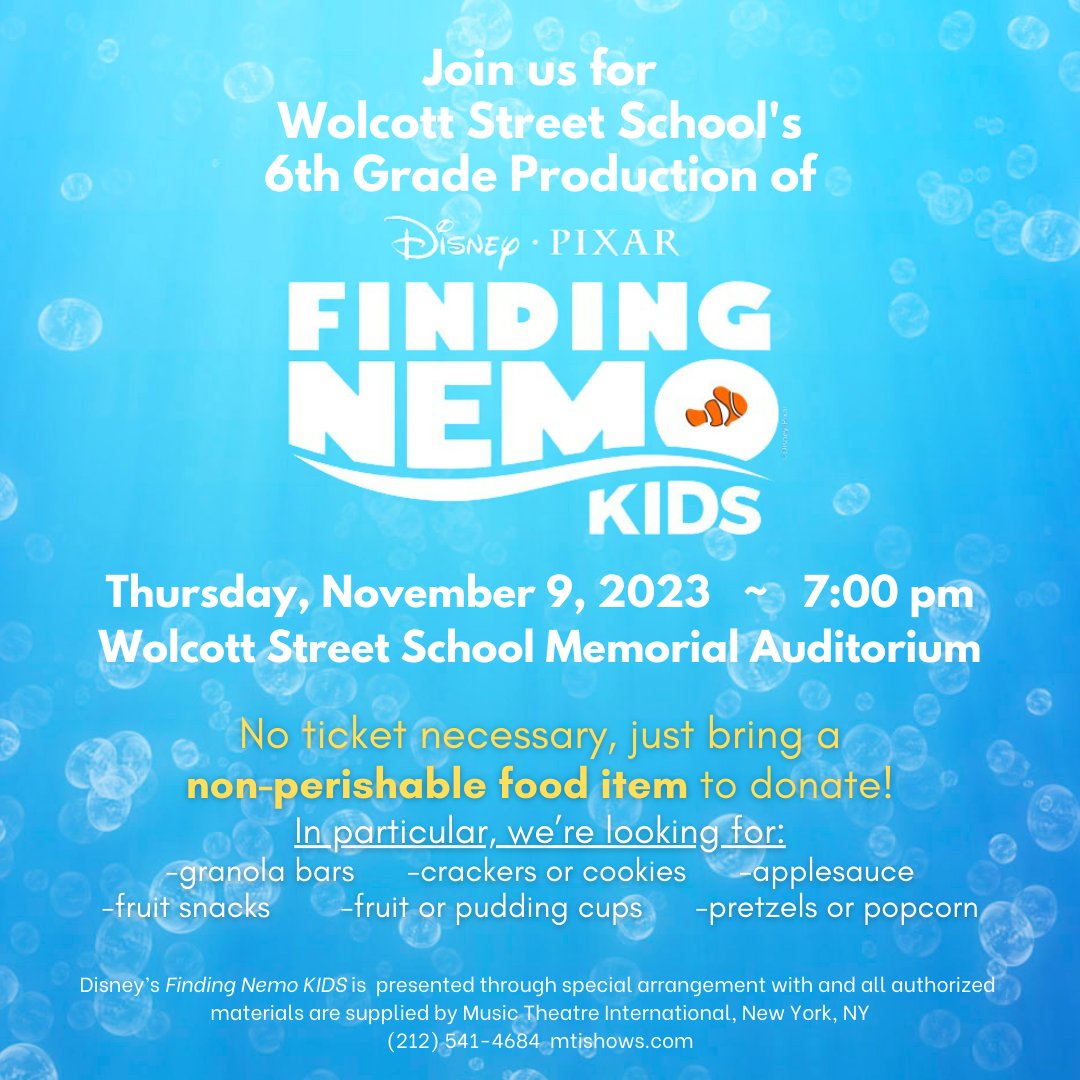 This year's 6th grade musical, Disney's Finding Nemo KIDS, premiers in just one week! Join us in the Big Blue World and bring a non-perishable food to donate at 7pm on 11/9! Bring the whole family! #WSSMusical #FindingNemoKIDS <a href="/LeRoy_CSD/">Le Roy Central School District</a> <a href="/LeRoyWSS/">Wolcott St. School</a> <a href="/mtishows/">Music Theatre International</a>