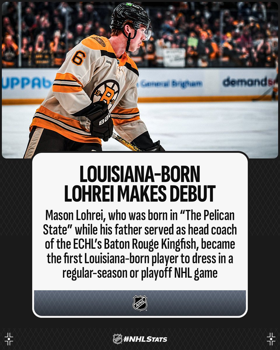 NHLPR's tweet photo. Mason Lohrei is making his League debut with the @NHLBruins, meaning 42 U.S. states (plus the District of Columbia) have had at least one player play for an NHL team. 🇺🇸

#NHLStats: https://t.co/4kx7xmvfCX https://t.co/ynURrHp5zt