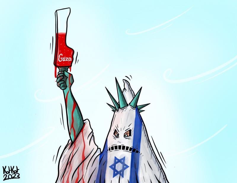 The USA empire has also been responsible for the genocide, dispossession, and expulsion of Semitic Palestinians from their lands.  Take the mask off!  Billions of dollars from USA tax payers money are funneled to the Zionist state each year.

The slogan of "freedom" and
