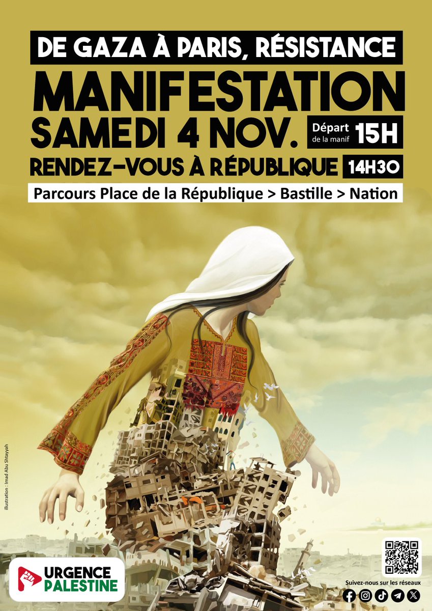 ✊🇵🇸 Prochaine étape de la mobilisation : Grande marche de soutien à la Palestine à Paris

🟢 Samedi 4 novembre, rendez-vous à République à 14h30. Départ du cortège à 15h de la Place de la République &gt; Bastille &gt; Nation

#urgencepalestine