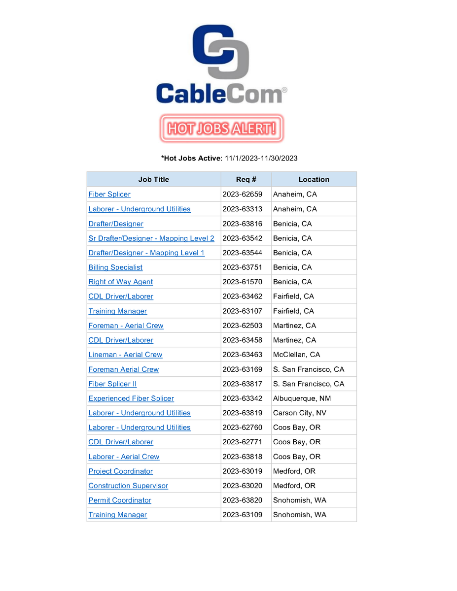 CableComJobs's tweet photo. CableCom's Hot Jobs for November 2023 are in! See below for our top-priority positions to fill in CA, NM, NV, OR, and WA. To view the job descriptions and apply, please visit the link in the comments.

#cablecom #telecommunications #construction #hiringnow #nowhiring https://t.co/7ORZaeOOuZ