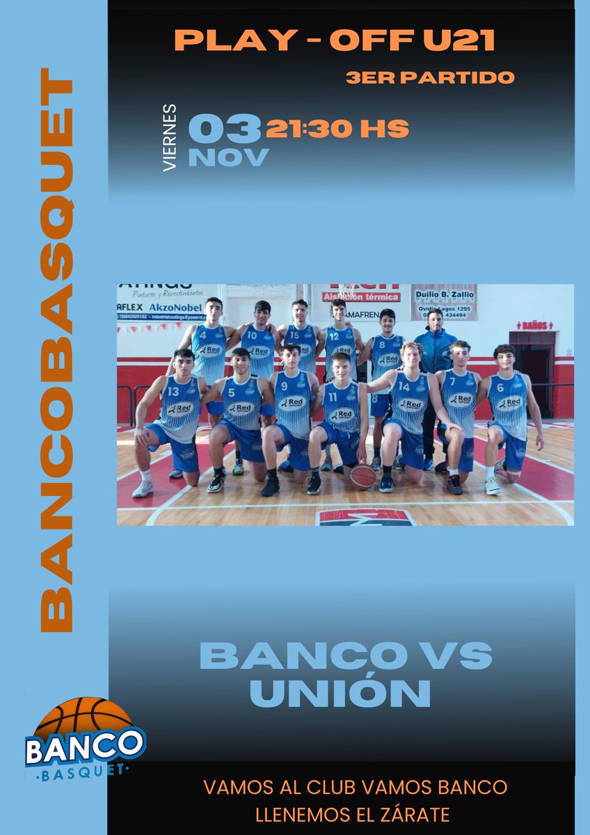 SOMOS BANCO BÁSQUET 2023

PLAY- OFF U21 BANCO vs UNIÓN 

🤍 La serie está empatada 1/1 😱
💙 Viernes 03/11 se juega en el Julian Ortiz ee Zárate, el juego número 3 de los play-off. 
ESTÁN TODOS INVITADOS!!! LLENEMOS EL ZARATE!!! VAMOS AL CLUB!!! 

VAMOS BANCO 💙 🏀