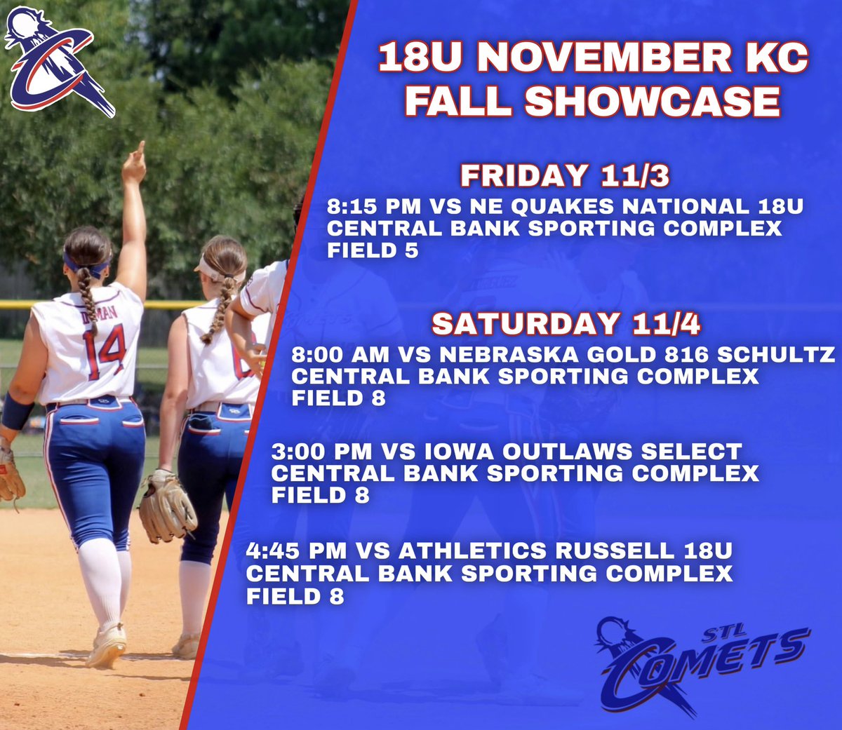 STL Comets 18U - Beatty (@stlcomets) on Twitter photo Check out our schedule for this weekend⬇️⬇️⬇️ Looking forward to playing in Kansas City at the Perfect Game KC Fall Showcase!!! ☄️💪 <a href="/PG_Softball/">Perfect Game Softball</a> Check out our schedule for this weekend⬇️⬇️⬇️ Looking forward to playing in Kansas City at the Perfect Game KC Fall Showcase!!! ☄️💪 <a href="/PG_Softball/">Perfect Game Softball</a>