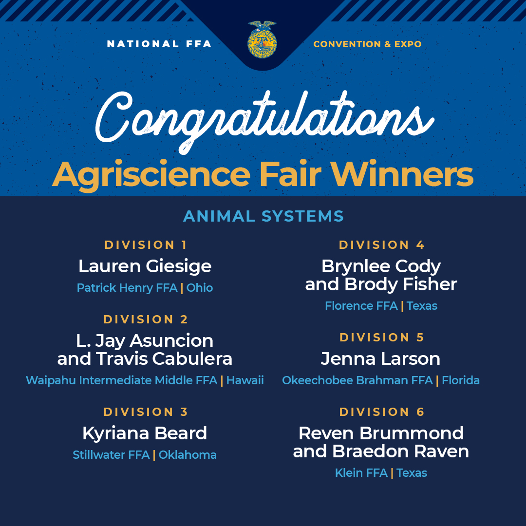 NationalFFA's tweet photo. Third General Session Agriscience Fair Awards have been announced! 🌟
Check out the link to meet the champions!
🔗 👇
https://t.co/1ThgeV3hdF
#FFA23 #NationalFFA #FFA #AgriscienceFair #Awards #ConventionAndExpo #SessionThree https://t.co/eztukNXmGU