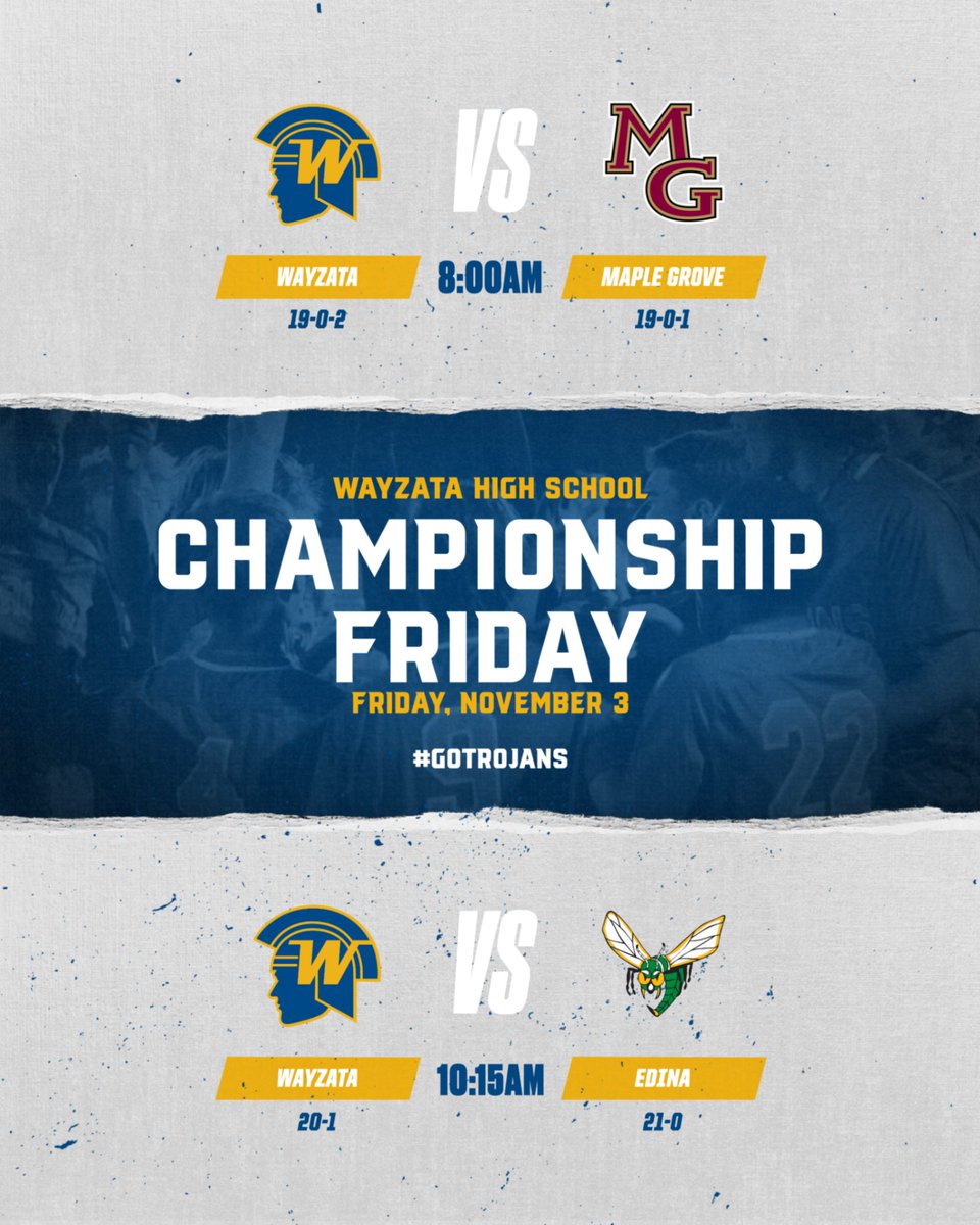 WayzataTrojans's tweet photo. The Boys &amp; Girls Soccer teams will play in their respective AAA State Championship games on Friday at U.S. Bank Stadium. The boys will play at 8 am followed by the girls at 10:15 am #GoTrojans Theme: Blue &amp; Gold
Tickets: https://t.co/UaMisFhnb4
Stream: https://t.co/KepGkXrpUO https://t.co/cjTjpnY444