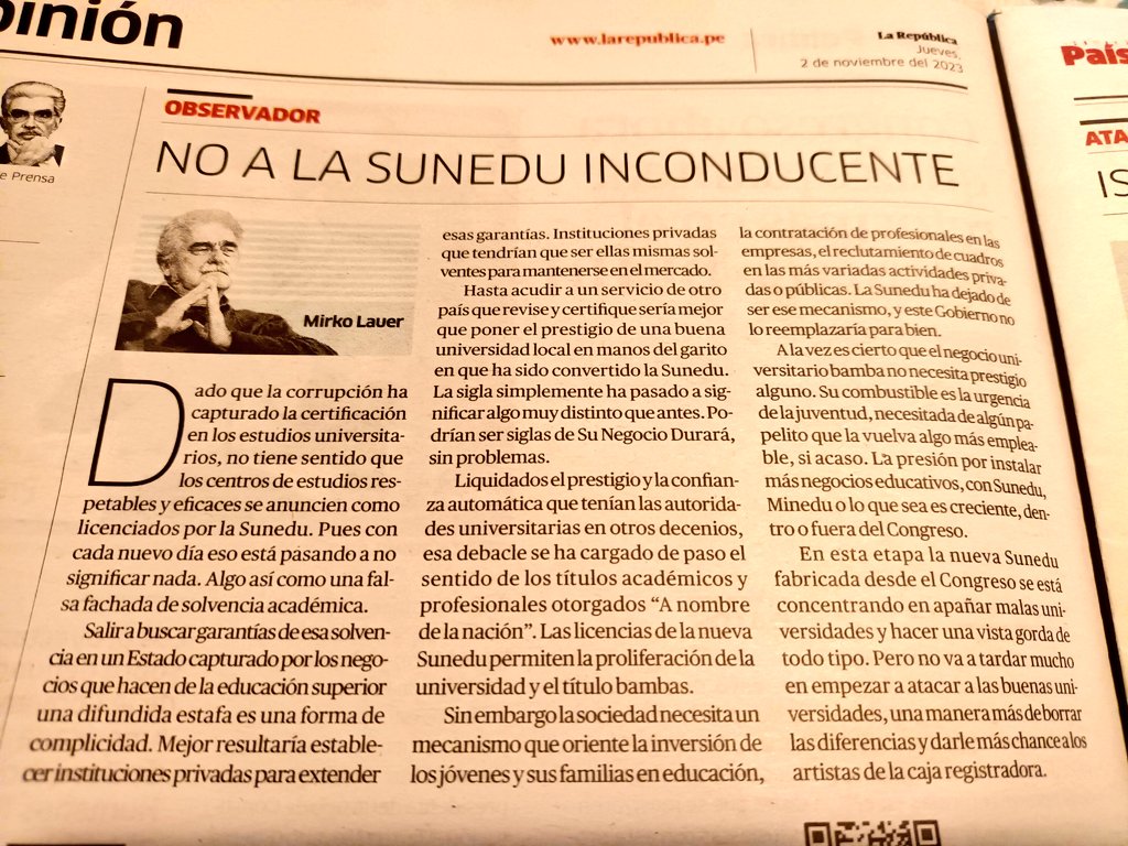Esta propuesta de Lauer es la más audaz para enfrentar a la nueva #Sunedu: Las pocas buenas #universidades públicas o privadas deben buscar que otra institución internacional garantice la calidad de su servicio educativo, pues el actual sello Sunedu es ya casi una mancha.
