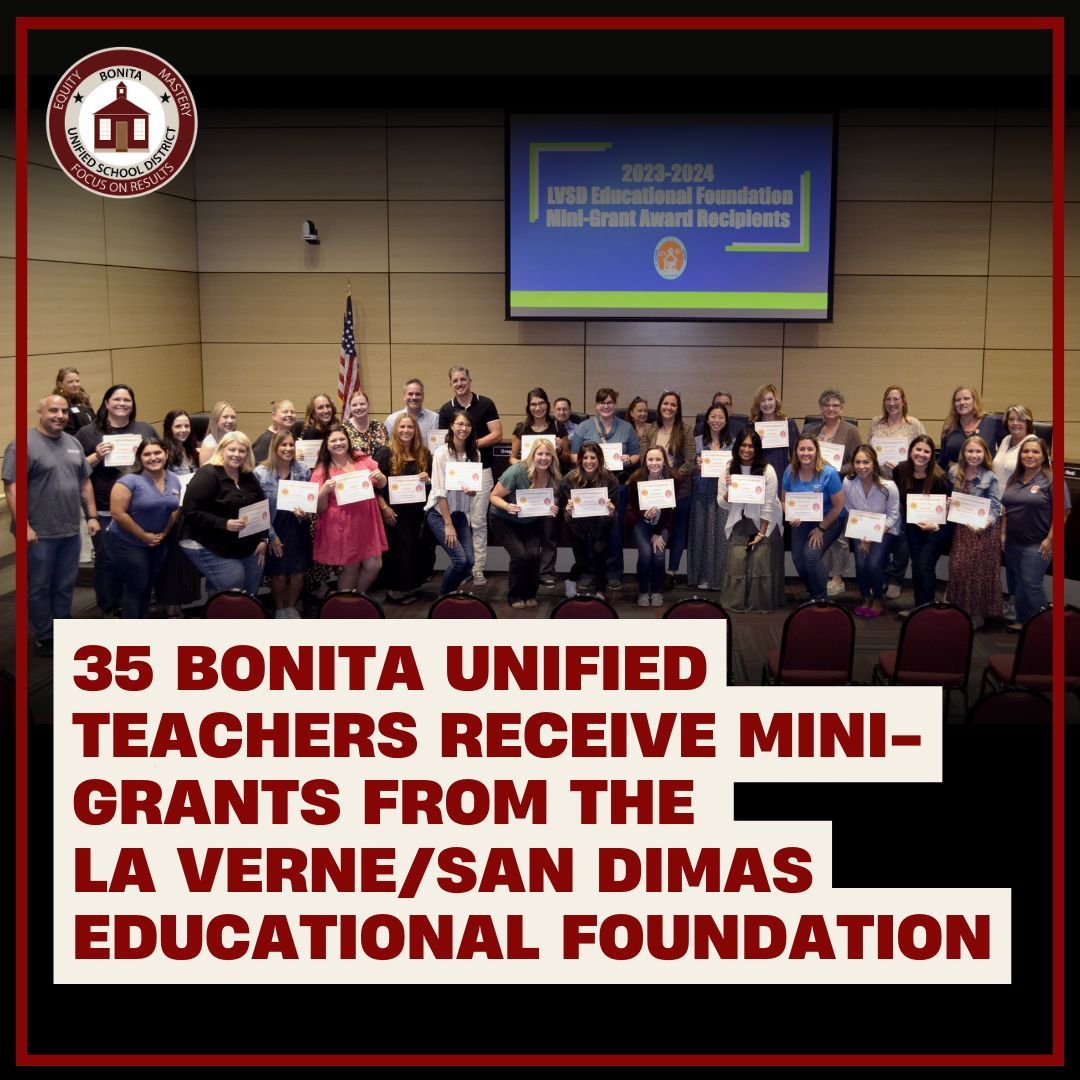 During the November 1st Board of Education meeting, 35 teachers were awarded mini-grants from <a href="/lvsdef/">Ed Foundation</a>, totaling more than $14,000, to fund a variety of engaging classroom projects. Thank you to LVSDEF for your continued support of BUSD! #BonitaUSD #LiveYourPurpose #TheBonitaWay