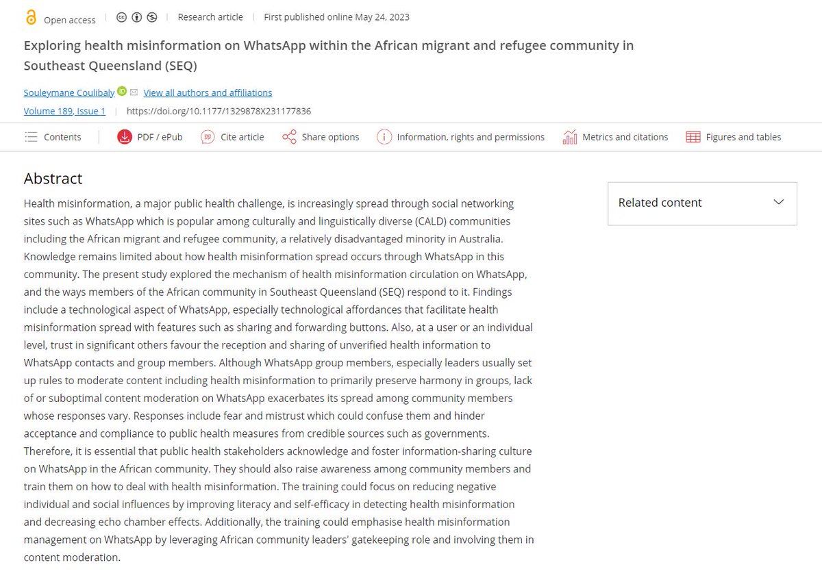 MIA #OpenAccess article from issue #189: @s1223coulibaly from @qutdmrc explores health (mis)information sharing on WhatsApp in African migrant and refugee communities, including the role of technological affordances & difficulties in content moderation. bit.ly/3MtQNy6