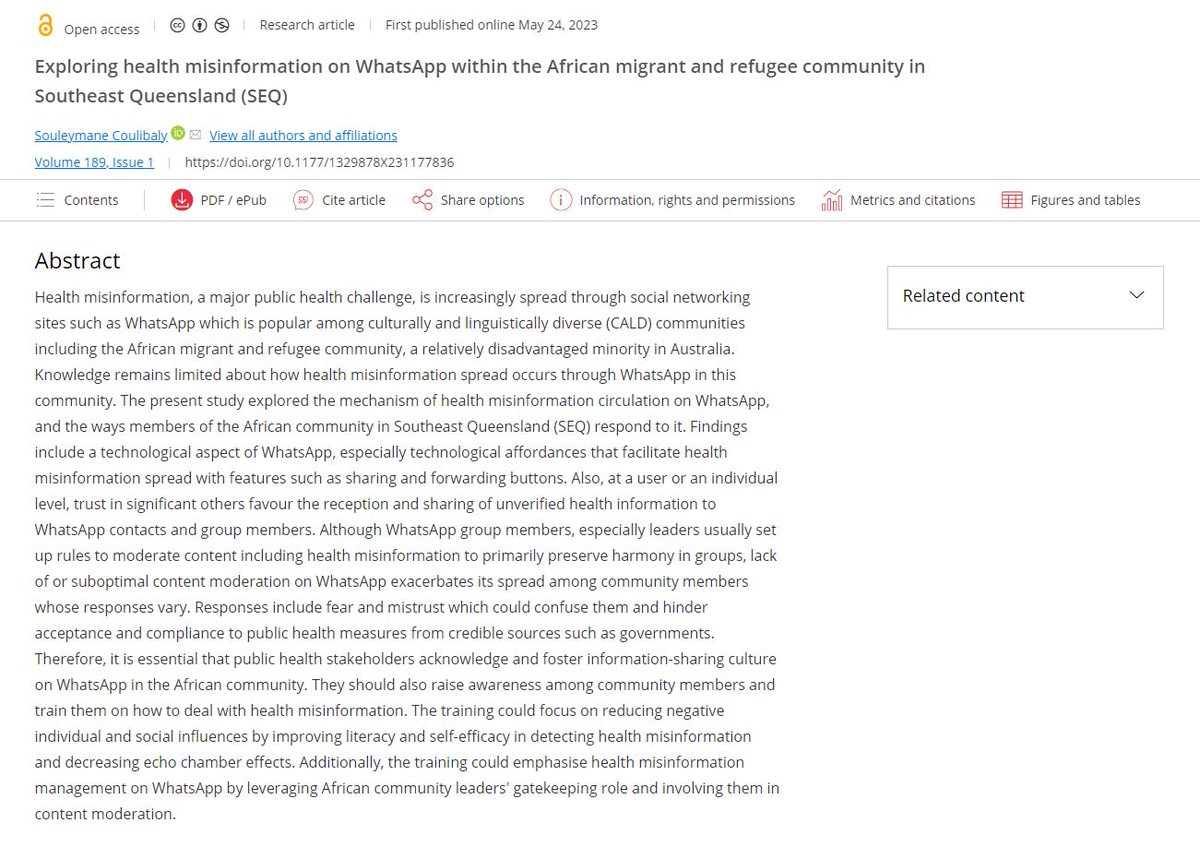 MIA (@media_int_aus) on Twitter photo MIA #OpenAccess article from issue #189: <a href="/s1223coulibaly/">Souleymane Coulibaly</a> from <a href="/qutdmrc/">QUT Digital Media Research Centre</a> explores health (mis)information sharing on WhatsApp in African migrant and refugee communities, including the role of technological affordances & difficulties in content moderation.
bit.ly/3MtQNy6 MIA #OpenAccess article from issue #189: <a href="/s1223coulibaly/">Souleymane Coulibaly</a> from <a href="/qutdmrc/">QUT Digital Media Research Centre</a> explores health (mis)information sharing on WhatsApp in African migrant and refugee communities, including the role of technological affordances & difficulties in content moderation.
bit.ly/3MtQNy6