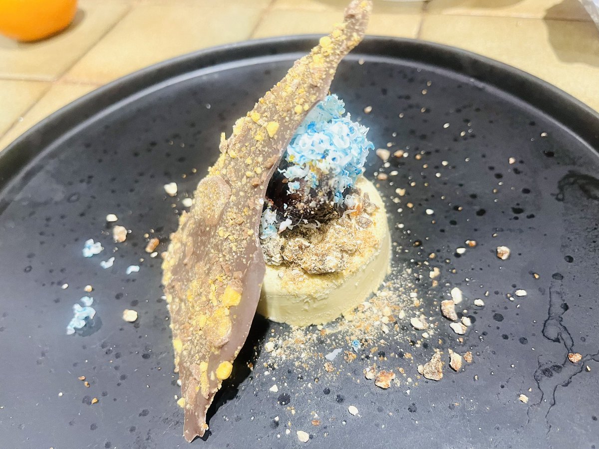 White chocolate, coconut, pistachio parfait, barley brittle, cinnamon brown sugar roasted beetroot, frozen white chocolate, orange yuzu gel, honeycomb chocolate shard