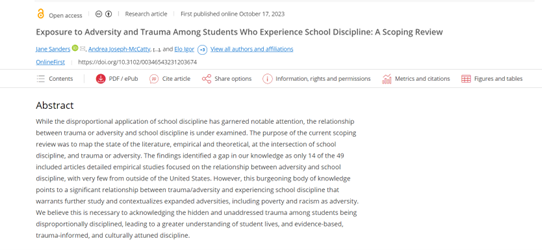 Interested in trauma-informed practices & school discipline research? Well, this is the paper you have been waiting for. Thanks for leading this effort @SocialWorkrJane. 
#traumainformedpractices #schooldiscipline 
tinyurl.com/yk6tavau