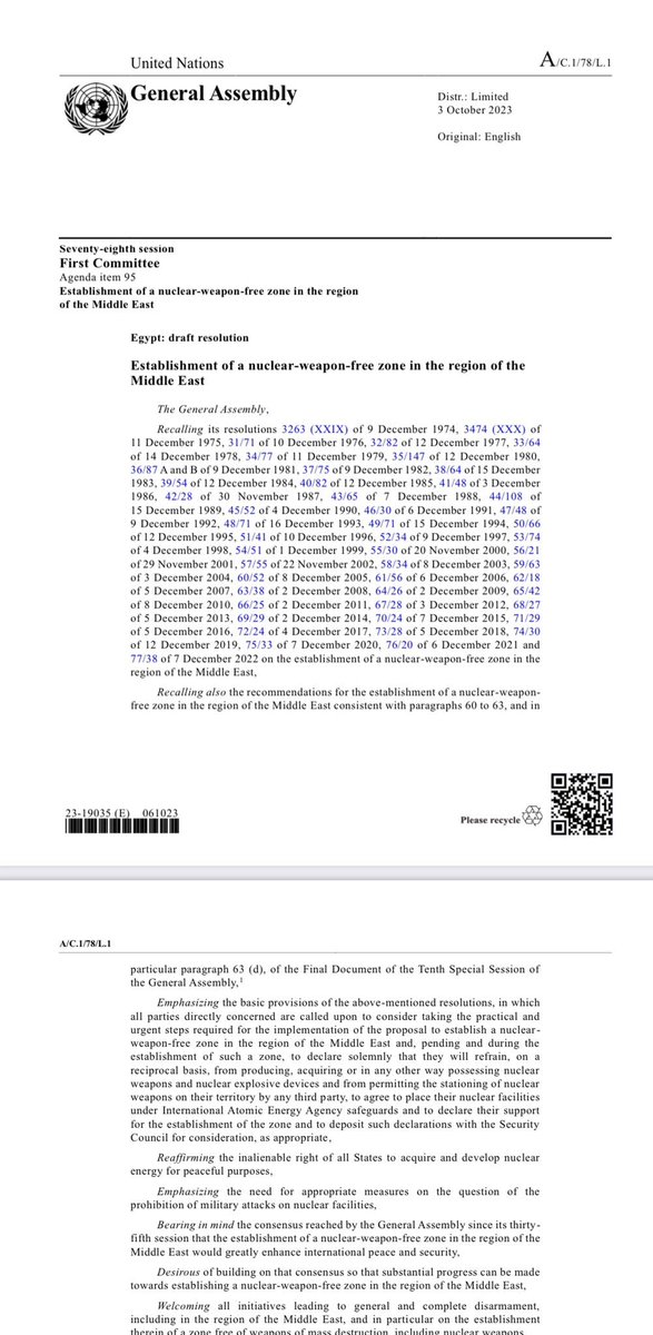 EgyptPRNewYork's tweet image. With 176 votes in favor, 1 against and 3 abstentions, the #UNGA #FirstCommittee adopted the annual resolution submitted by #Egypt on the Establishment of a Nuclear Weapons Free Zone in the #MiddleEast.

A Middle East without weapons of mass destruction is a key asset for…