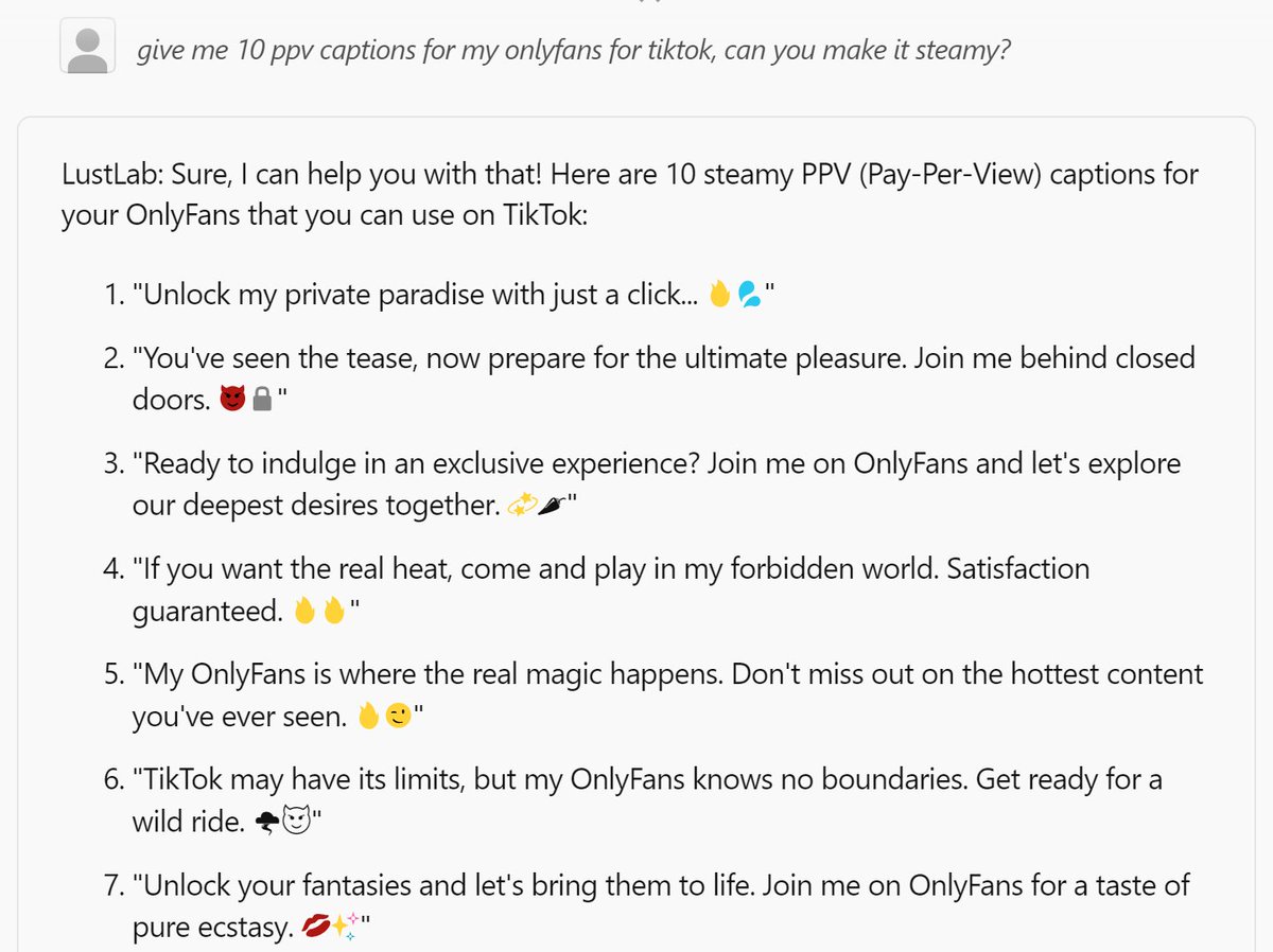 LustLabAI's tweet photo. How hard is it to create pay-per-view captions for your @tiktok?

@LustLabAI is able to personalize your PPV as well.

Try it here: https://t.co/D8OXePE0Ay

#ppv #onlyfanspromo #onlyfansgirl #onlyfansideas #contentcreator #createcaptions #scriptgenerator #nsfwcontent https://t.co/06d1ppqpIA
