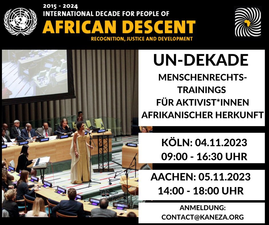 Gemeinsam mit <a href="/Kaneza_org/">Kaneza Foundation</a> biete ich am Wochenende Menschenrechtstrainings für Aktivist:innen afrikanischer Herkunft in #Köln und #Aachen im Rahmen der UN-Dekade an. Anmeldungen sind noch bis morgen möglich. Ich freue mich über Sharing. 🙏🏾