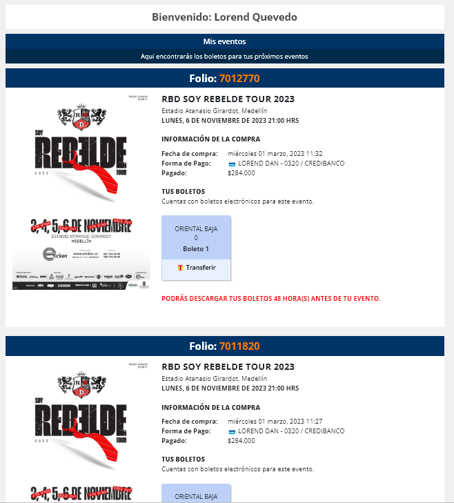 LorendDaniela's tweet photo. Hola, vendo dos (2) entradas para concierto RBD, Oriental Baja, 6 de noviembre, más económicas. #RBDTOURCOLOMBIA #SOYREBELDETOUR #RBDCOLOMBIA #RBDMEDELLIN
Precio: $ 450.000 precio de Taquilla: $568.000
Transfiero por Eticket https://t.co/0XT075S8dO