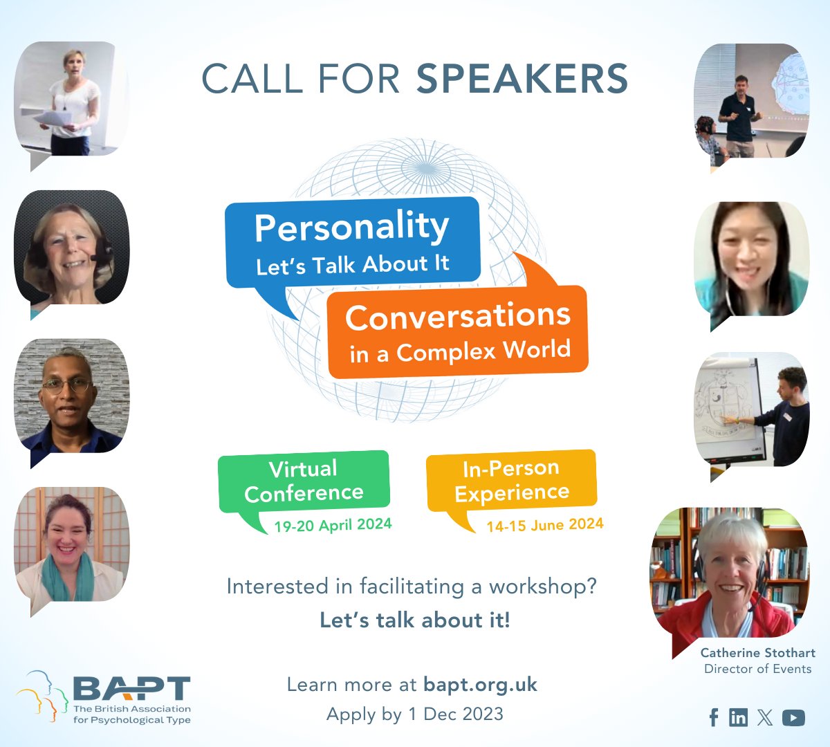 BritPsychType's tweet photo. We are currently looking for speakers, for both our upcoming Virtual Conference and our In-Person Experience!

We'll be exploring the intersection between #personality and complex world issues, such as #artificialintelligence, #climate, and #diversity.

https://t.co/bFMtLTnemL https://t.co/3XJBzKkEvX