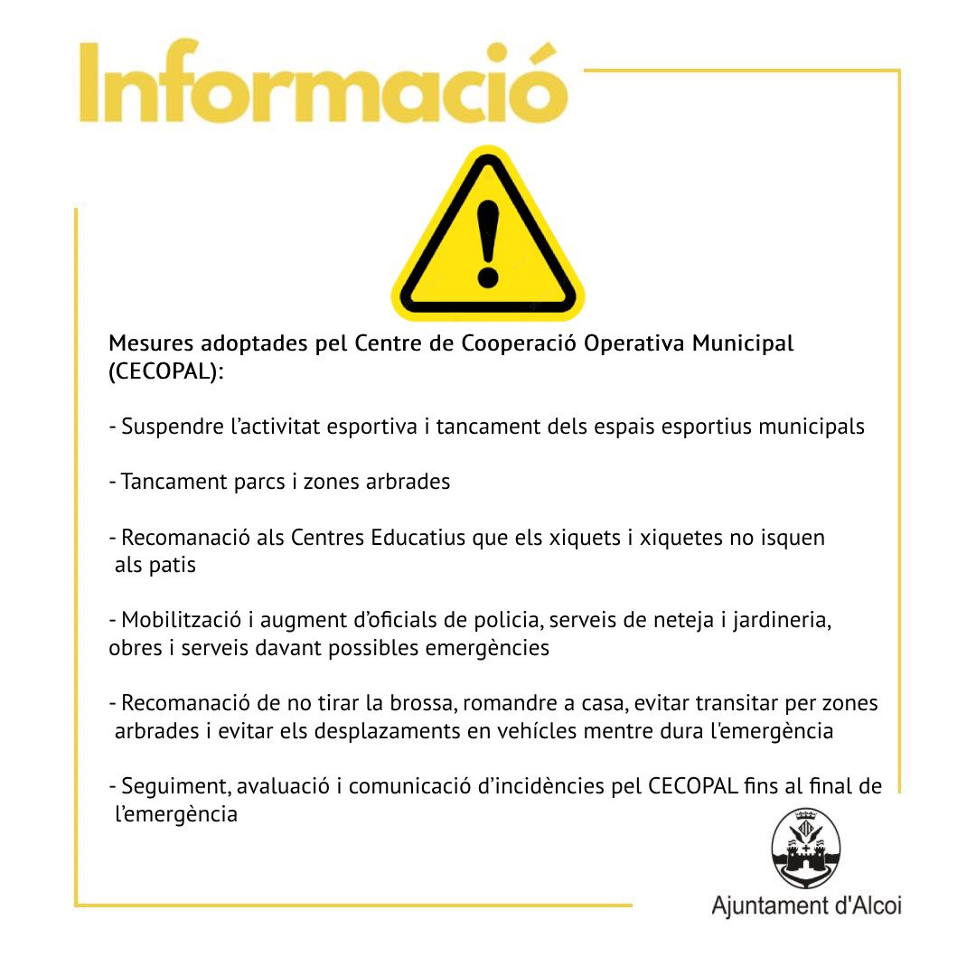 AjuntamentAlcoi's tweet photo. ‼️Mesures adoptades pel Centre de Cooperació Operativa Municipal (CECOPAL) pel nivell 1 d’emergències https://t.co/f60xznO4HJ