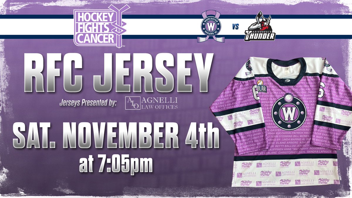Supporting the fight against cancer in style 💜

A first look at our Railers Fight Cancer specialty jerseys presented by <a href="/AgnelliLaw/">Agnelli Law Offices</a> that we’ll be wearing for this Saturday’s Hockey Fights Cancer Night game!

#RailersHC #Jersey