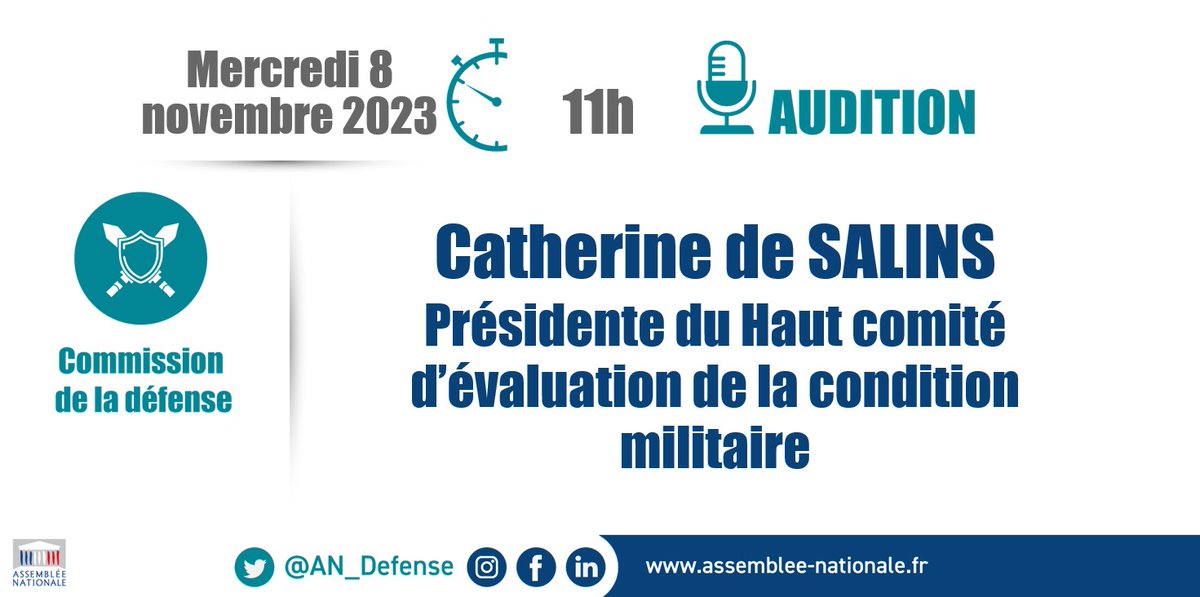 AN_Defense's tweet photo. 🎙️ Demain, à partir de 11h, la @AN_Defense auditionne Catherine de Salins, présidente du Haut comité d'évaluation de la condition militaire, sur son 17e rapport thématique consacré à la condition militaire des officiers.
🎥 À suivre en #DirectAN 👉 https://t.co/zrL5TwAQKH.
#HCECM https://t.co/CxFshx2T0y