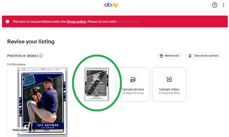 eBayToHouse's tweet photo. @AskeBay Why is eBay not allowing me to list a baseball card parallel named "Aqueous Test" saying it violates the Drug Policy? There are literally thousands of these cards listed right now on @eBay. It's the name of the insert set. https://t.co/3F3C6vUP78