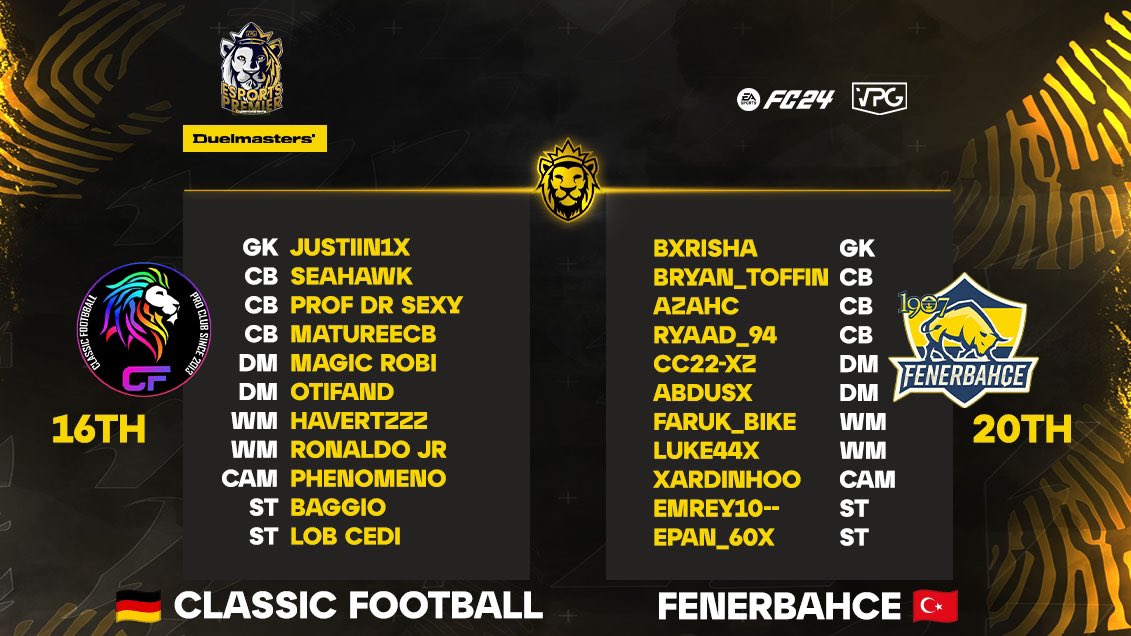 Virtual Pro Gaming (@officialvpg) on Twitter photo ๐ 11v11 Competitive Clubs! <a href="/DuelmastersGG/">Duelmasters.io</a>
๐ <a href="/VPGPremier/">VPG Esports Premier</a>
๐ฉ๐ช @CF_Pro_Club
๐
๐น๐ท <a href="/FBespor/">Fenerbahรงe Espor</a> / <a href="/fbesporENG/">Fenerbahรงe Espor English</a>
๐๏ธ Presented by <a href="/GeorgeOverton_/">George</a>
๐ฅ Live on YouTube: youtube.com/virtualprogamiโฆ
๐ฃ 20:30/45 UK Time!
๐ฅ Squads!
โโโโโโโ
๐ฉ๐ช @CF_Pro_Club XI
@Justiin1x
<a href="/GuyGanjaa/">GuyGanja</a> ๐ 11v11 Competitive Clubs! <a href="/DuelmastersGG/">Duelmasters.io</a>
๐ <a href="/VPGPremier/">VPG Esports Premier</a>
๐ฉ๐ช @CF_Pro_Club
๐
๐น๐ท <a href="/FBespor/">Fenerbahรงe Espor</a> / <a href="/fbesporENG/">Fenerbahรงe Espor English</a>
๐๏ธ Presented by <a href="/GeorgeOverton_/">George</a>
๐ฅ Live on YouTube: youtube.com/virtualprogamiโฆ
๐ฃ 20:30/45 UK Time!
๐ฅ Squads!
โโโโโโโ
๐ฉ๐ช @CF_Pro_Club XI
@Justiin1x
<a href="/GuyGanjaa/">GuyGanja</a>