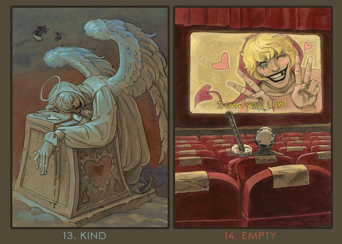 ReLiliya's tweet photo. 13.Kind. There're many possible plots for the prompt but we wanted to choose the most fitting one. Cora-san was Law's Guardian Angel. He still is even after his death.
14.Empty. Law watches the scene over and over again in the empty cinema. Absolute memory brings absolute terror. https://t.co/lZLEfRyTft