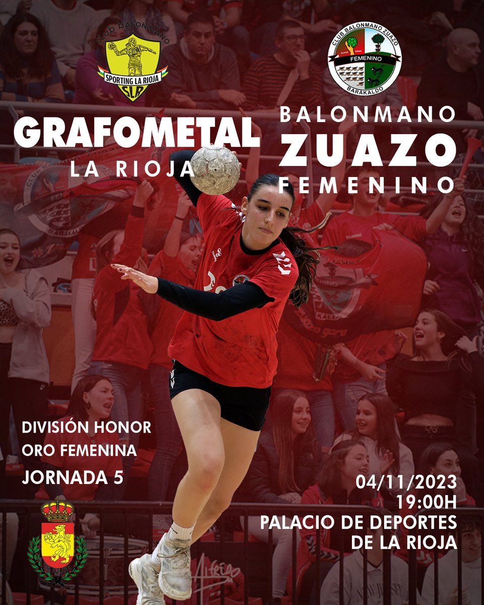 🏆 #DHOroFem J5
📌 Palacio de Deportes - Logroño
📅 Sábado ⏰ 19:00h
🆚️ @SportingLR - <a href="/CbmZuazo/">Club Balonmano Zuazo</a>
🎬 Streaming: youtube.com/live/HO-sfotb1… 
🎙 Nuestras #GuerrerasZuazotarras viajan a La Rioja para un partido que vale más que 2 puntos! 💪
📸 <a href="/aglphotosports/">Alfredo G.L.</a>
#VolvamosASoñar
#ZuazoGara