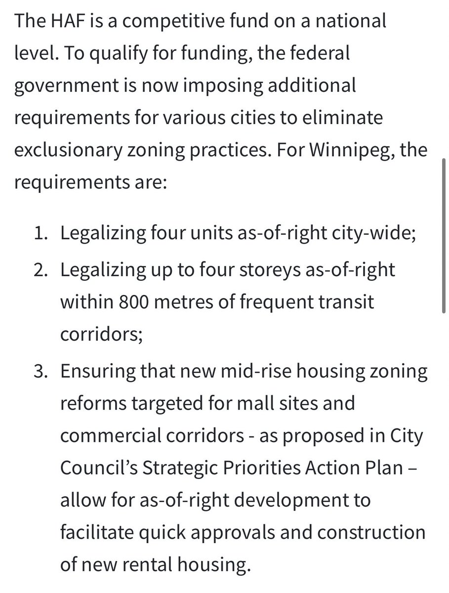Every residential lot city-wide will be zoned to allow 4 homes on it, as-of-right. To address the housing crisis, the federal government is boldly requiring progressive zoning changes from the City of Winnipeg to access Housing Accelerator Fund money. winnipeg.ca/news/2023-11-0…