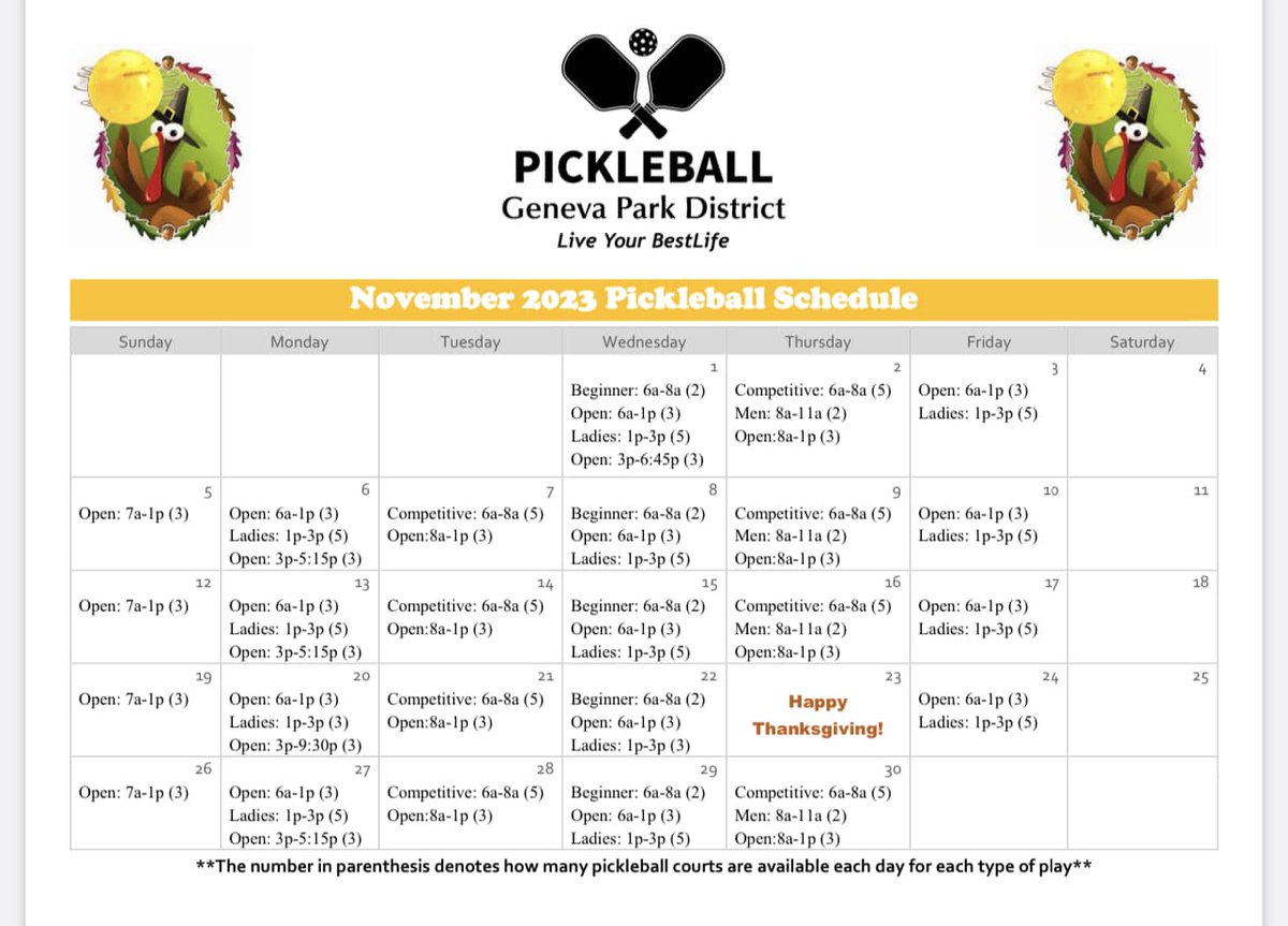 Geneva Park District November 2023 Pickleball Schedule.  #pickleball