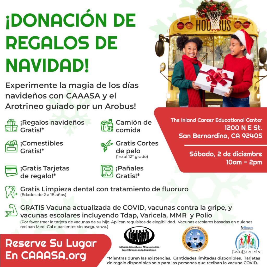 ¿Qué mejor manera de celebrar las fiestas que regalando? Eso es lo que estamos haciendo. ¡El 12/2, daremos regalos navideños, pañales, cortes de cabello, vacuna Covid actualizada, limpiezas dentales y más! GRATIS! Traiga a uno o dos amigos y regístrese en CAAASA.ORG.