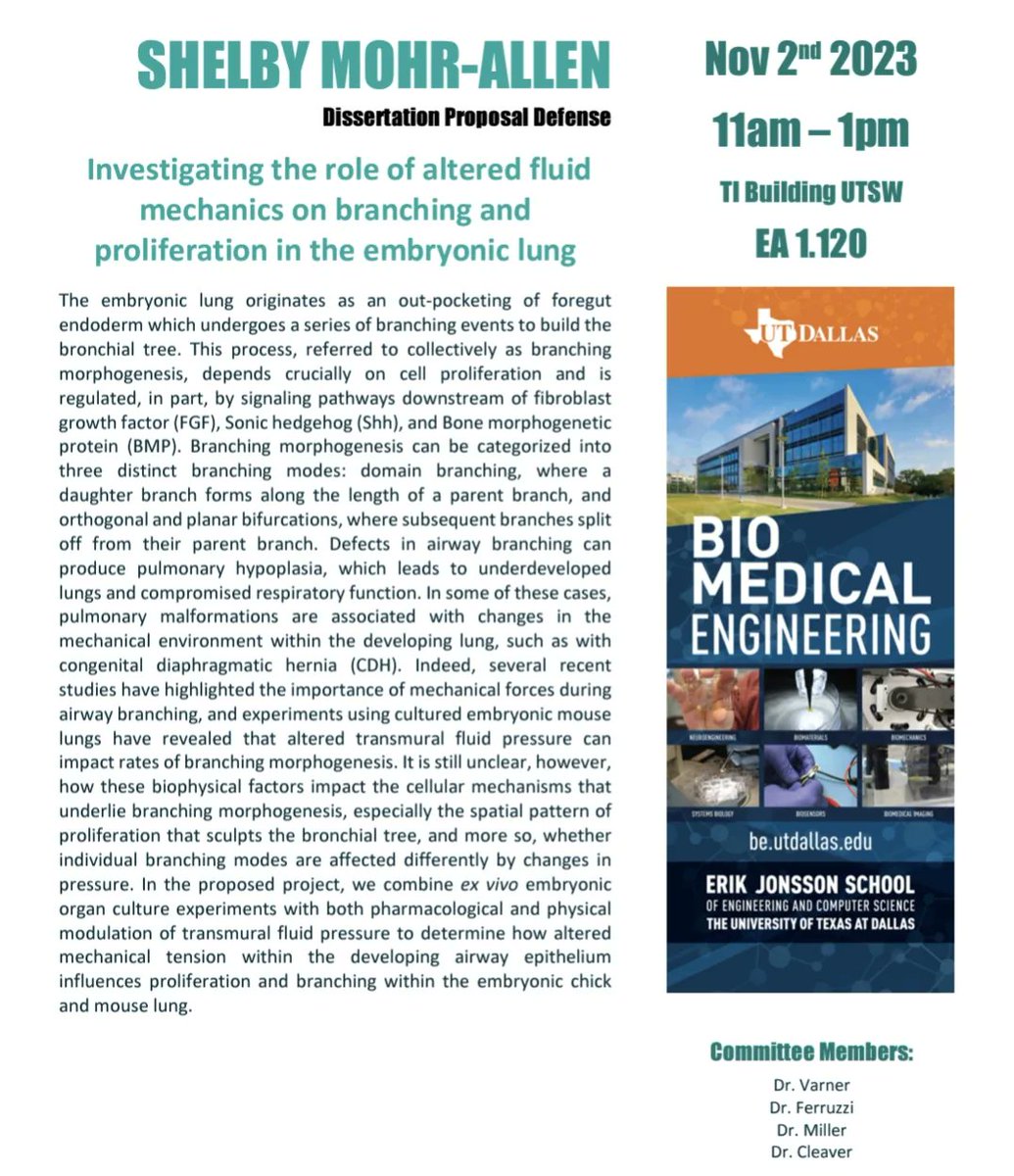 LabVarner's tweet image. Congratulations to Shelby Mohr for successfully completing her proposal defense today 🎉🎉👏🏼👏🏼  Our lab&apos;s first milestone presentation in the new building!
#proposaldefensedone #proposal #phd #biomechanics @bme_utd @UTSWGradSchool  #presentation #tissueengineering #lungresearch