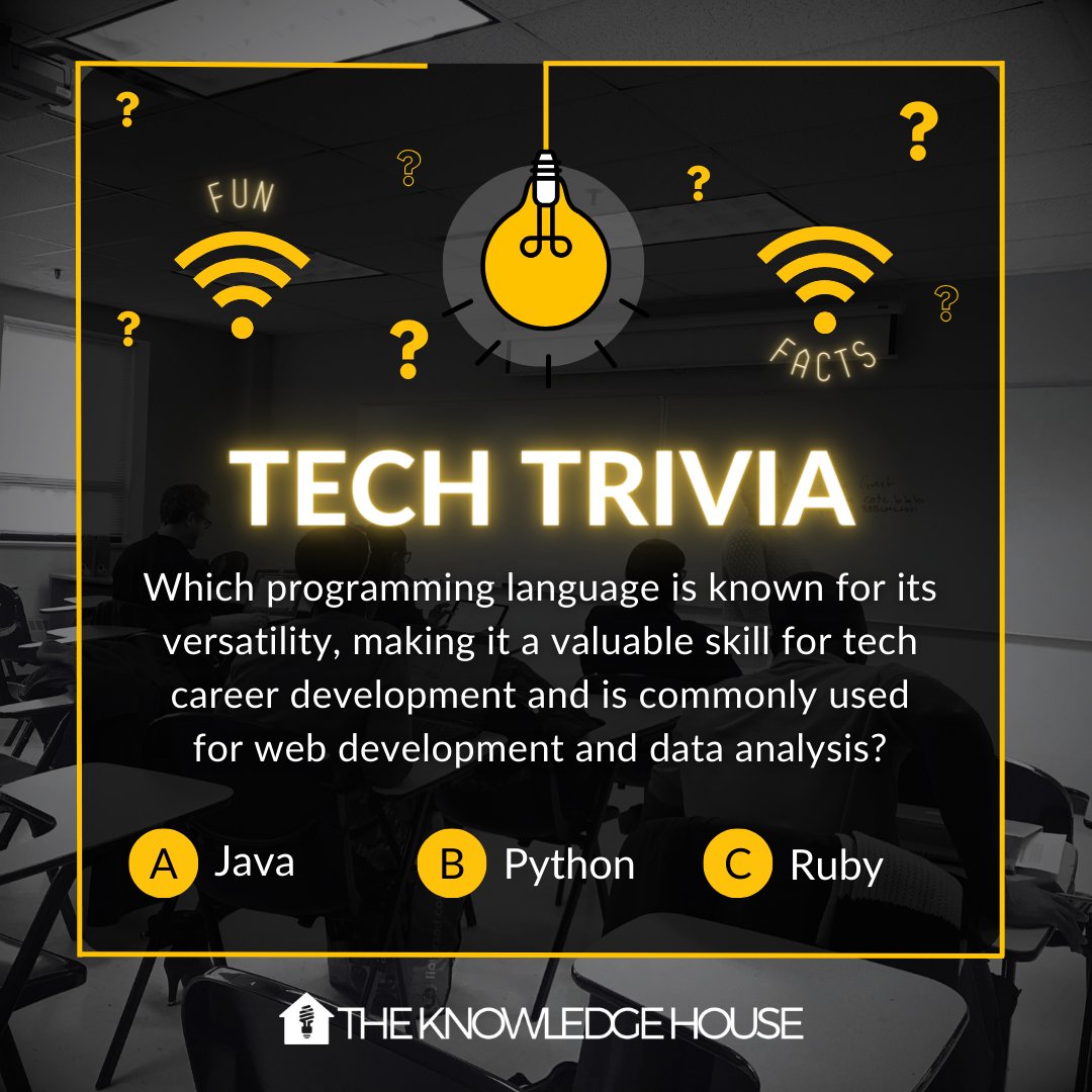 TheKnowledgeHou's tweet image. 🤖 Tech Trivia Time!
Which programming language is renowned for its versatility, making it an invaluable skill for advancing your tech career?
A) Java
B) Python
C) Ruby
Comment your answer below! 🧐
#TechTrivia #CareerDevelopment #TechQuestions #Tech #Coding