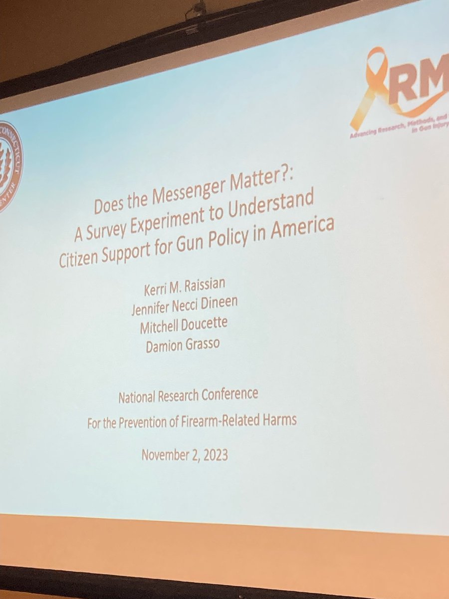 ARMS Director @kerri_raissian presents “Messenger Matters” at the  National Research Conference for the Prevention of Firearm-Related Harms. The research, funded by @NJGVRC, uses an RCT to measure how agreement with gun policy changes with messengers.