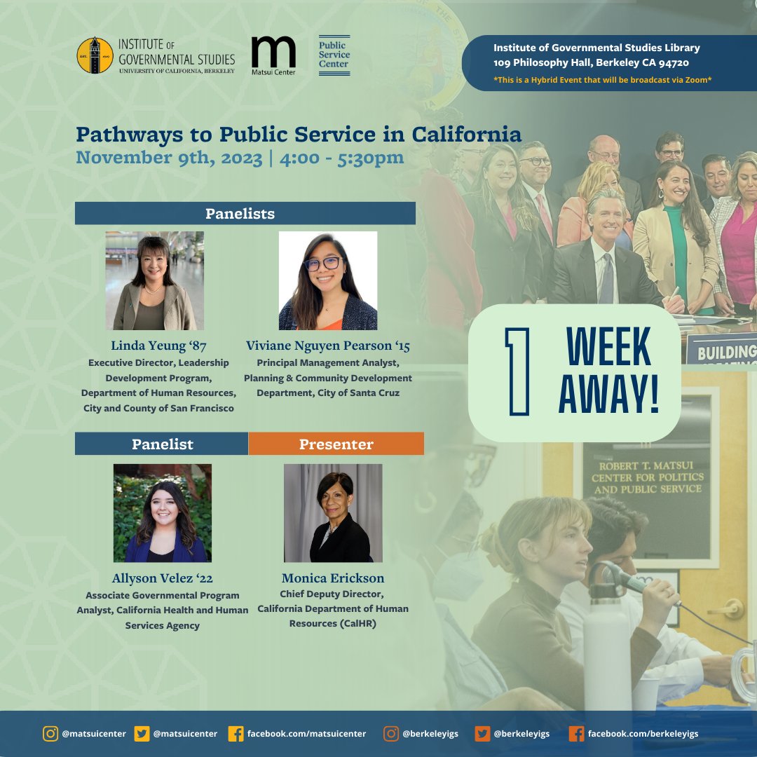 We are thrilled to announce that Viviane Nguyen Pearson '15, Division Manager with the City of Santa Cruz, will be one of our panelists during our November 9th 'Pathways to Public Service in California' panel event. Come join us and explore your career options!