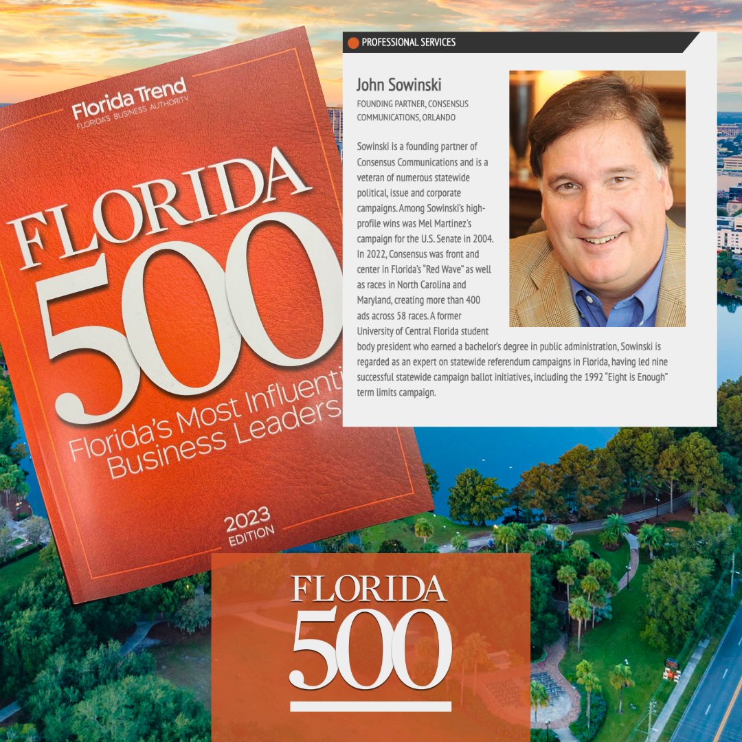 John Sowinski has done it again – this is his 6th year making the <a href="/FloridaTrend/">Florida Trend</a>'s #Florida500. Congratulations, John!