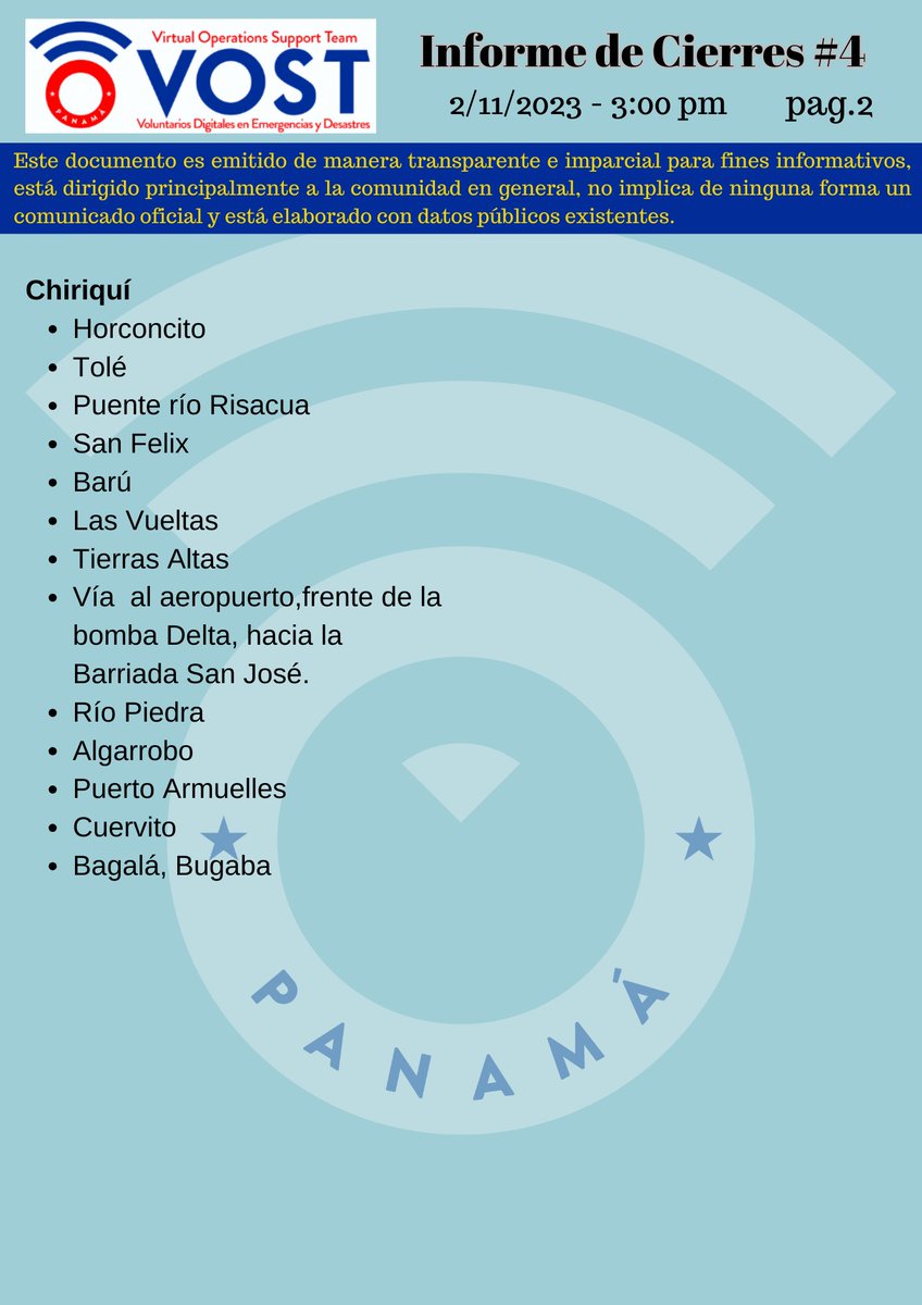 VOSTpanama's tweet photo. Actualización No. 4 de la 3:00 p.m, áreas cerradas en diferentes puntos del país.  #SomosVost #RSME https://t.co/r2uaNYGclU
