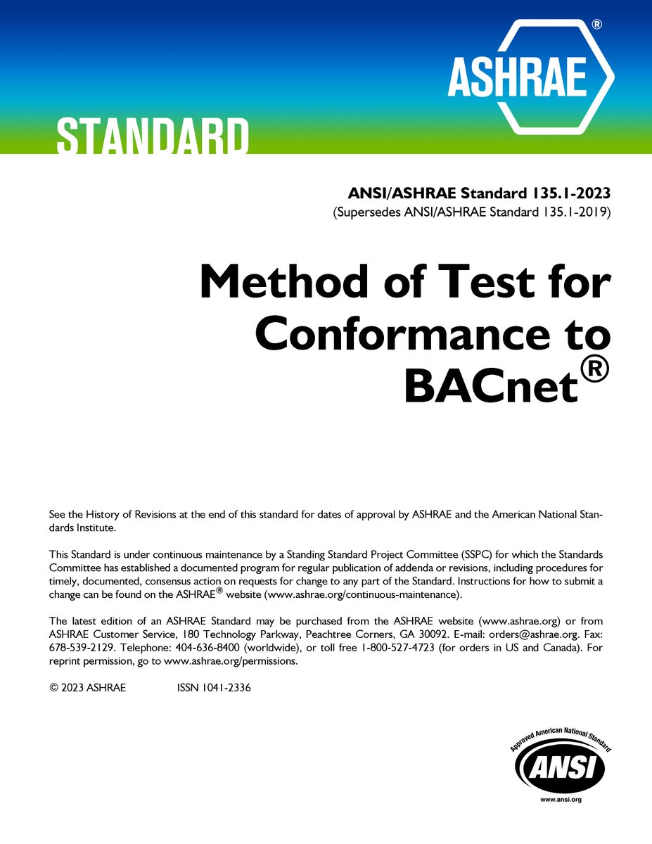 ashraenews's tweet photo. ASHRAE Announces 2023 Update to BACnet Method of Test! ANSI/ASHRAE Standard 135.1-2023 provides procedures and tools for validating equipment for conformance with ASHRAE Standard 135 (BACnet).  Learn more and grab your copy at https://t.co/Rdpp9BleMa! 

#MyASHRAE https://t.co/3bXMapilCD