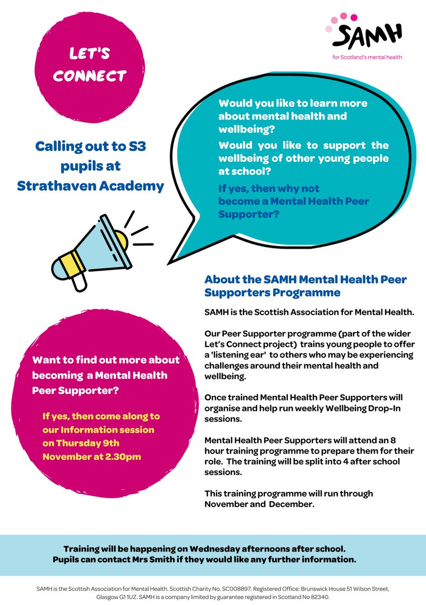 HWBStrathaven's tweet photo. We are excited to be working with SAMH! On Thursday 9th November, they will be speaking to all S3 pupils about the Peer Supporter Programme. 
@StrathavenAcad @SAMHtweets https://t.co/G3Fmfv28H6