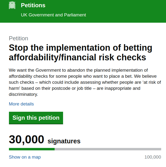 Petition to get affordability checks stopped is now at 30,000 on day 1.

Any trade bodies, racing journalists or bloggers sitting on the fence get involved and lets get this to 50k then 100k.

petition.parliament.uk/petitions/6498…