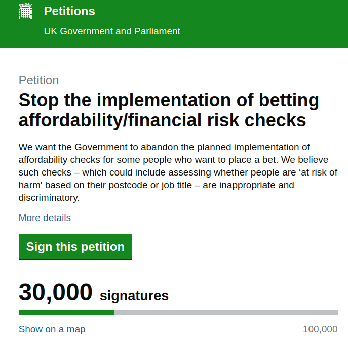 Petition to get affordability checks stopped is now at 30,000 on day 1. Any trade bodies, racing journalists or bloggers sitting on the fence get involved and lets get this to 50k then 100k. petition.parliament.uk/petitions/6498…