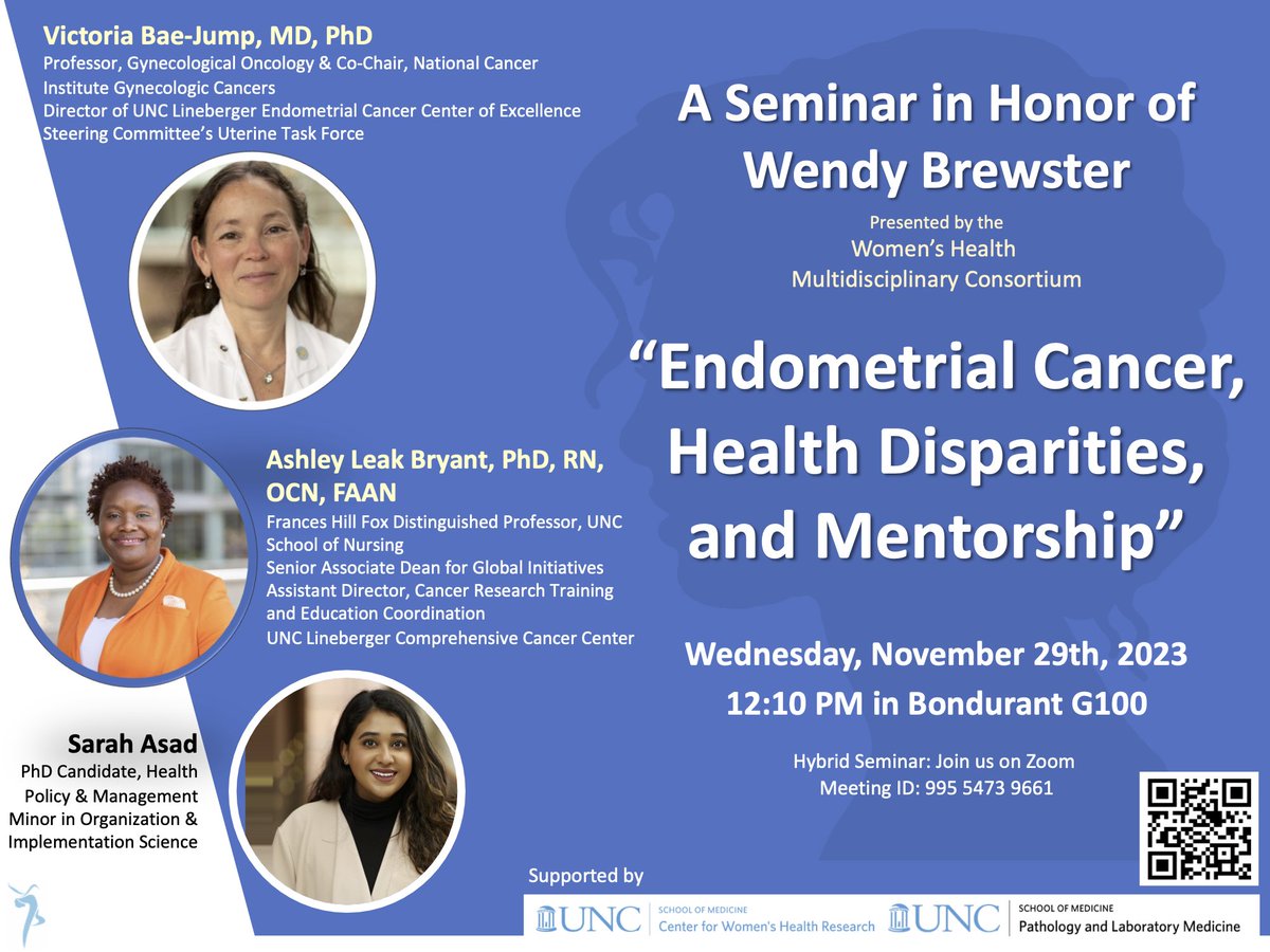 UNC_WHMC's tweet photo. Please join the WHMC for a special seminar this month in honor of Wendy Brewster, MD, PhD. Wendy was a trailblazer in women's health and racial health disparities at UNC, as well as a beloved mentor.

Bondurant Hall G100 and Zoom (995 5473 9661)
Wednesday, November 29th, 12:10PM https://t.co/21aBUEo8Zu